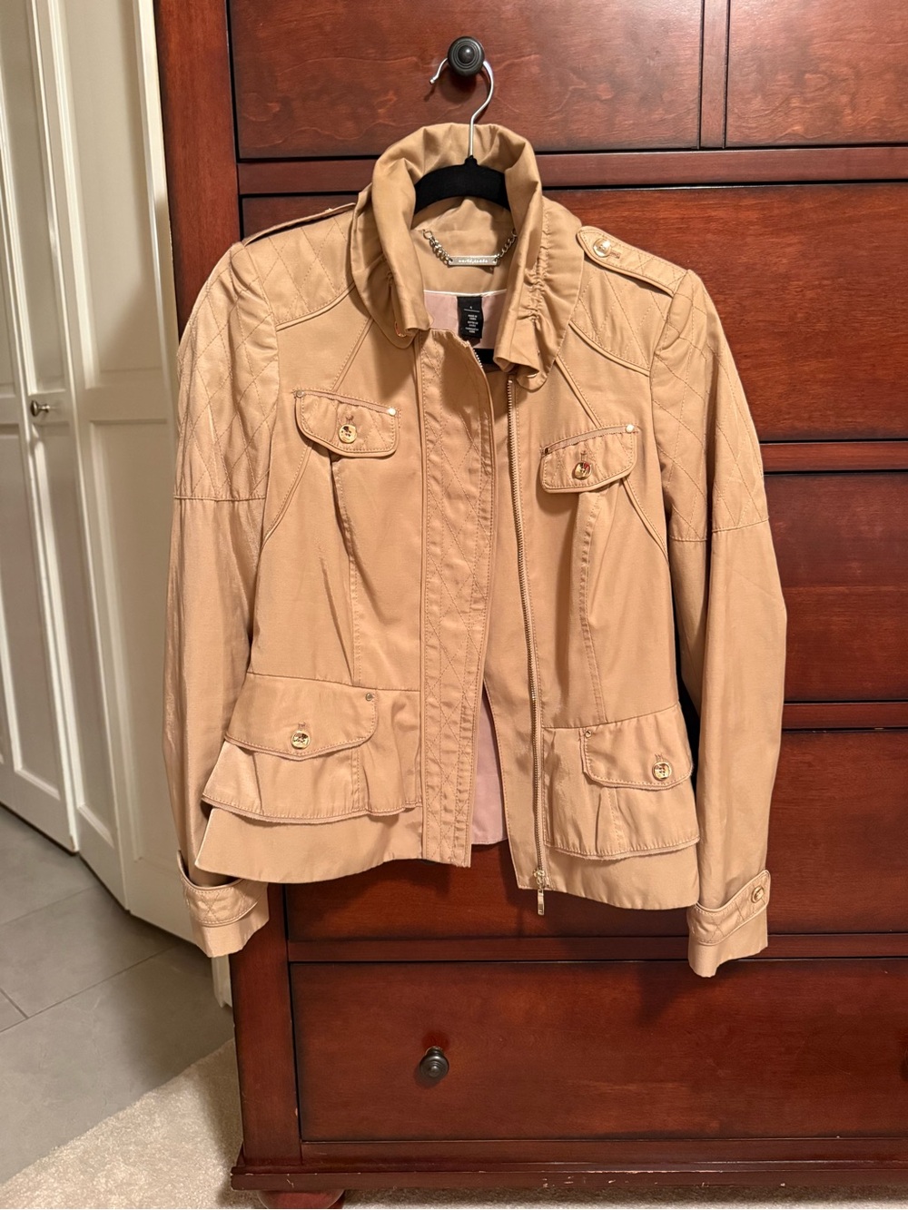 White House Black Market Tan Utility Jacket with Quilted Shoulders